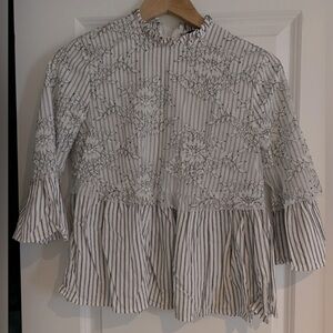 Zara Woman’s blouse with bell 2/3 sleeves. Bodice of shi try has a lace overlay